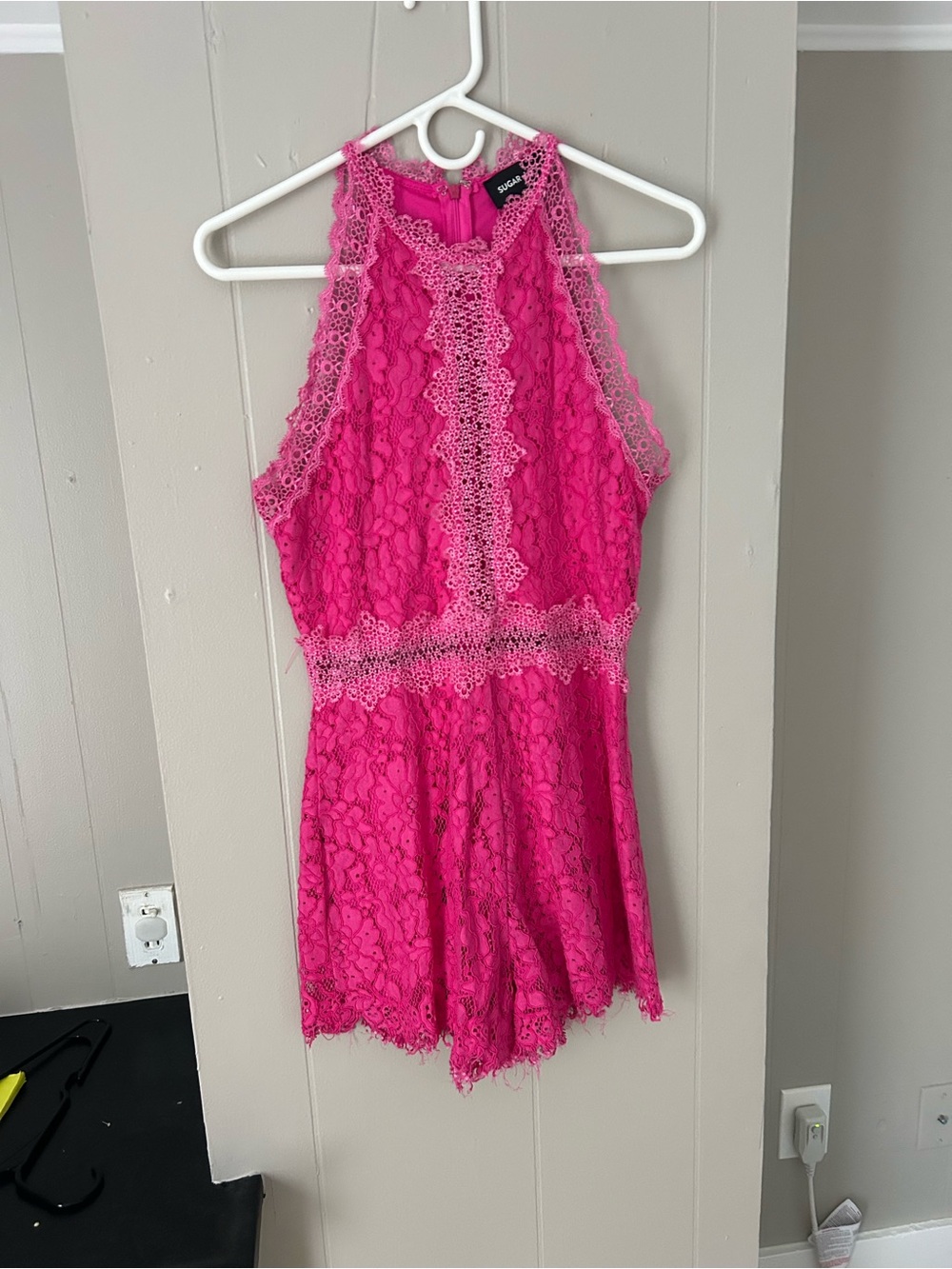Lucy Paris Hot Pink Lace Halter Romper